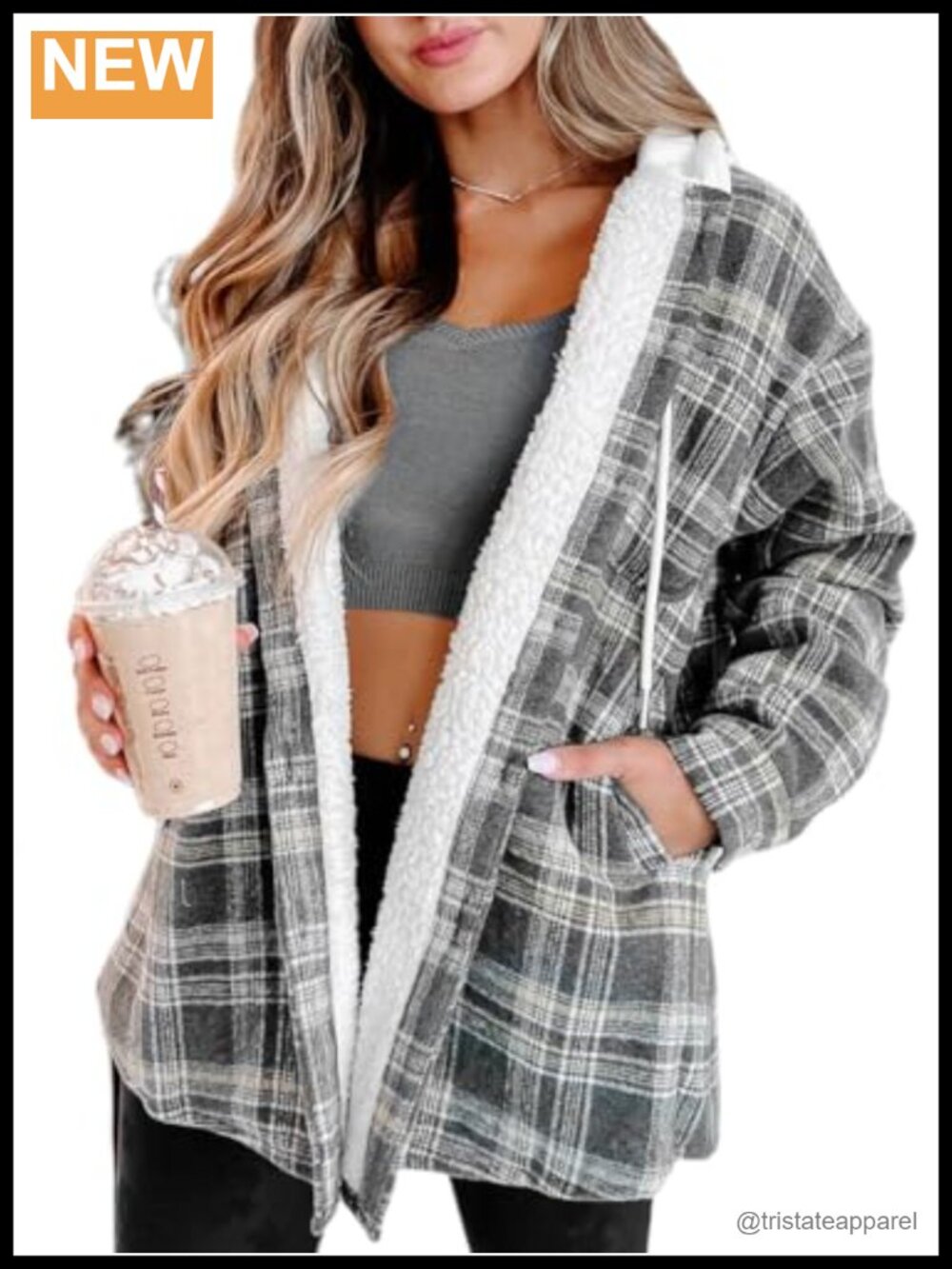 Plaid Sherpa Fleece-Lined Hooded Shacket Button Front Loose Fit Women